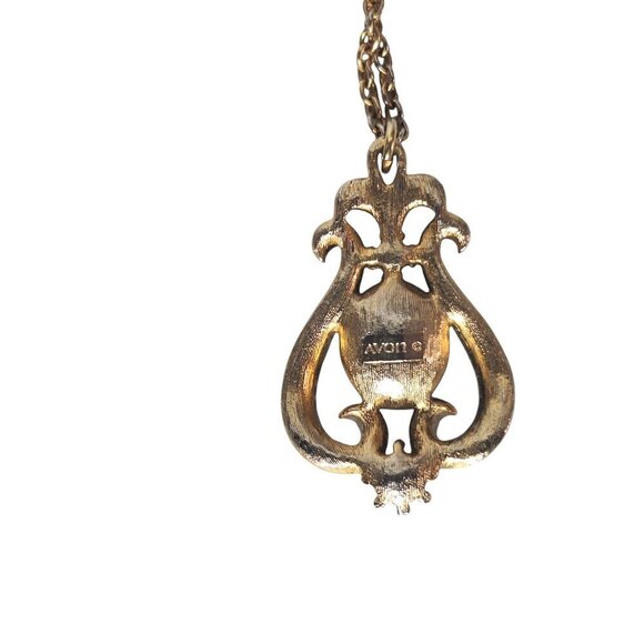 Vintage AVON Gold Purple Pendant Necklace Pearl Victorian Crest Amethyst Stone - Picture 5 of 6
